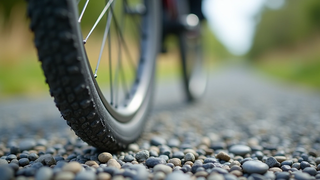 Close-up of bicycle tire tread pattern on loose gravel surface, detailed knobby design