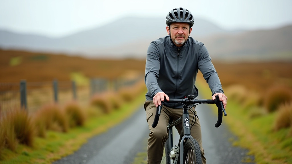 Cyclist sitting on bike wearing cycling gear and backpack on rural bog road, resting position