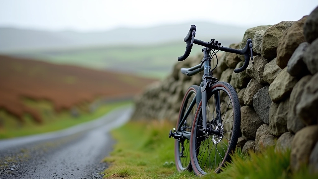 Gravel bike leaned against stone wall on rural bog landscape, overcast Irish weather