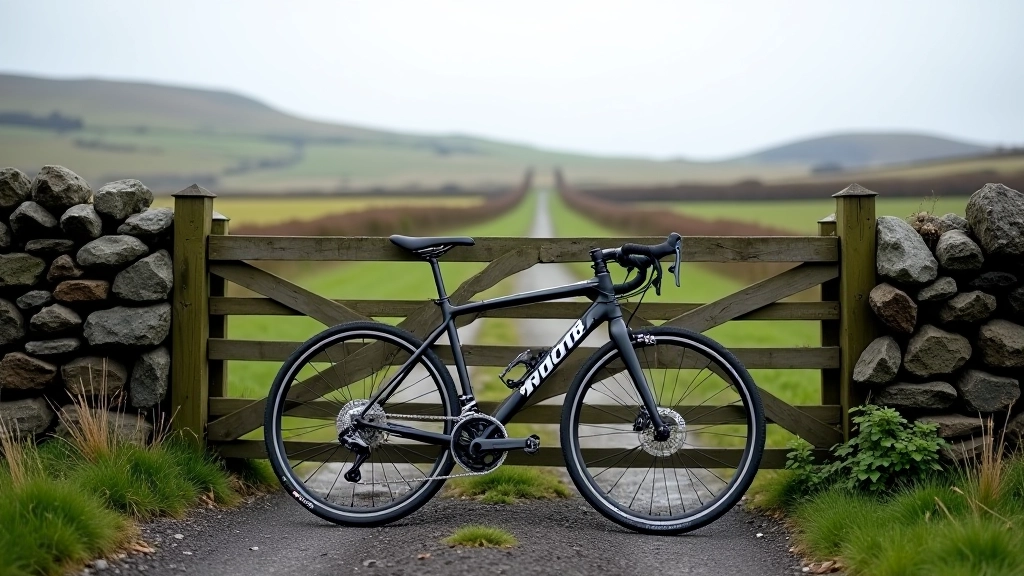 Hybrid bicycle with comfortable saddle leaned against fence in rural Irish landscape, bike travel setup