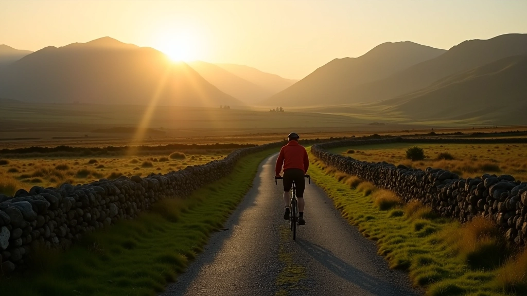 Cyclist riding along scenic bog road with dry stone walls