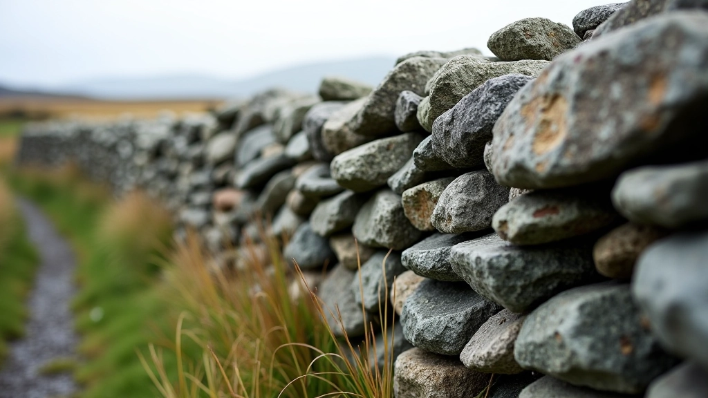 Close-up detail of ancient dry stone wall with weathered rocks and Irish landscape beyond, architectural heritage