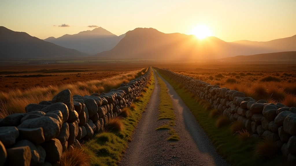 Traditional dry stone wall running across bogland with mountains in distant background, Irish countryside landscape