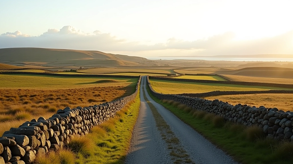 Wide landscape view of multiple dry stone walls creating field divisions across bogland, historical agricultural landscape