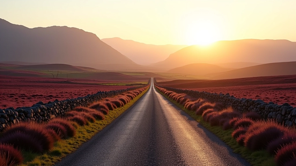 Scenic winding bog road through purple heather landscape with dry stone walls stretching to the horizon, Connemara Ireland